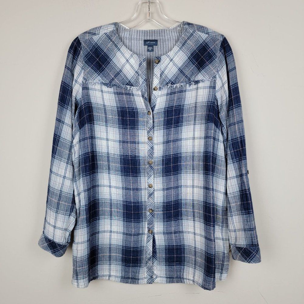 J. Jill Blue White Plaid Crew Neck Button Down Long Sleeves Cotton Shirt Size MP
